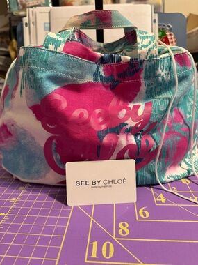 See By Chloe Pink and Teal Tie-Dye Canvas Drawstring Tote Bag